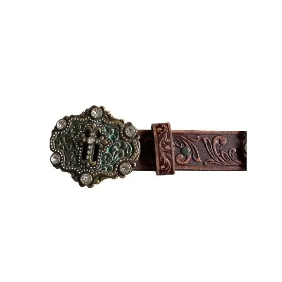 Tony Lama Brown Tooled Leather Swarovski Crystals Concho Cross Western Belt 34
